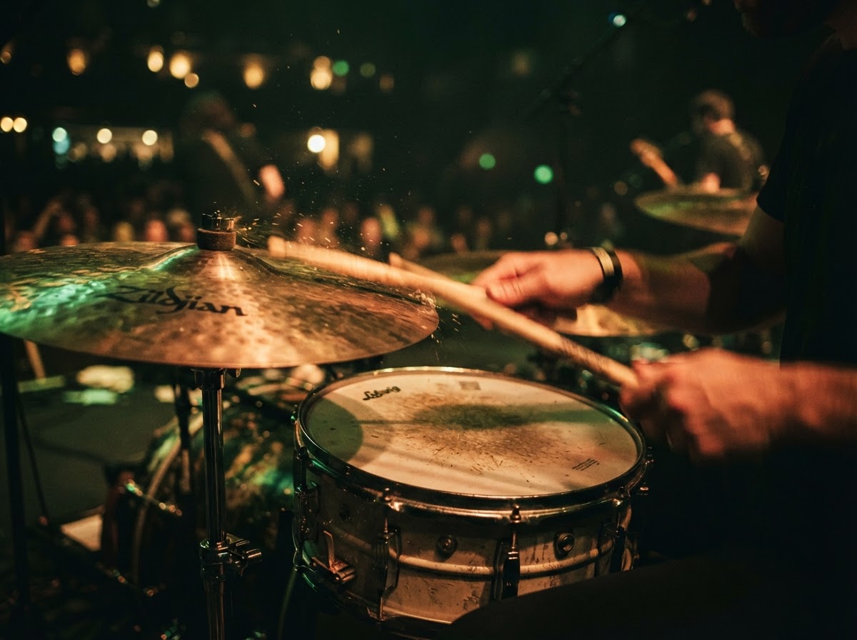 Drum kit cymbals being played in concert