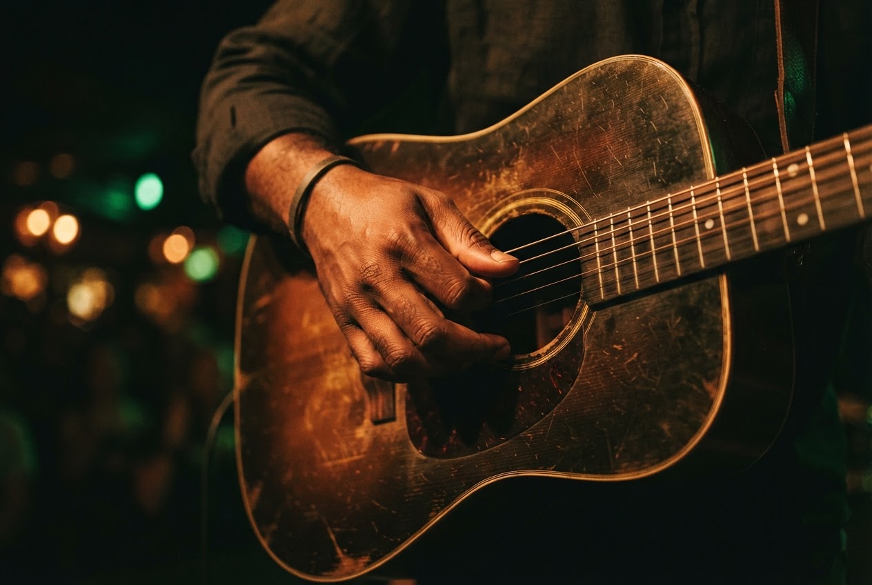 Close-up of guitar strings being strummed under warm amber stage lighting