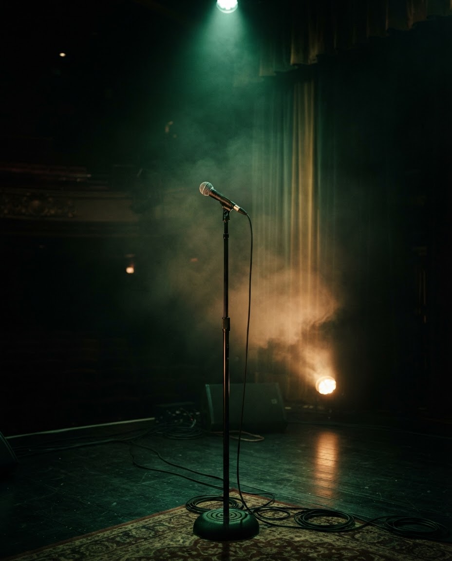 Microphone on stage with dramatic green and gold spotlights