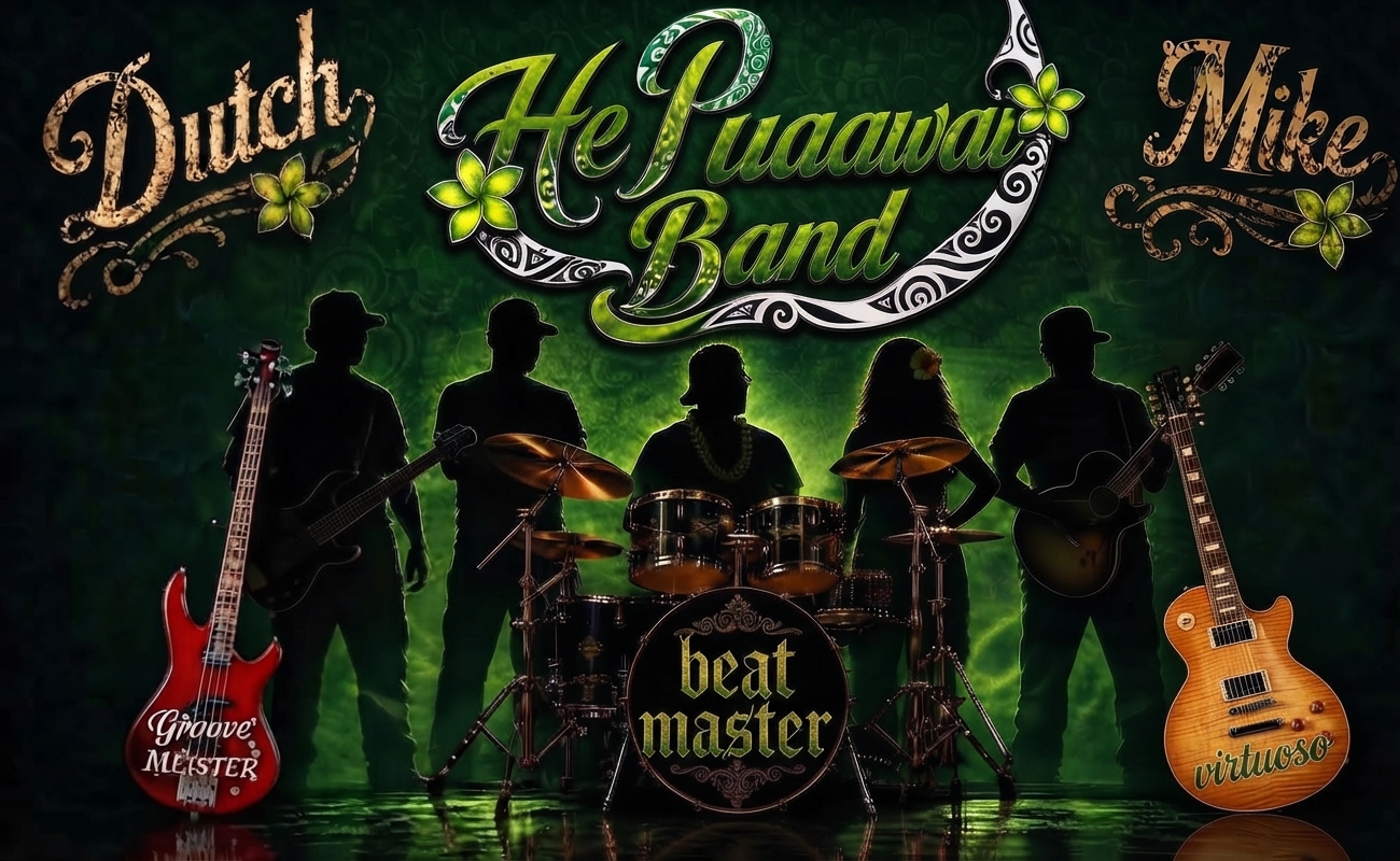 He Puaawai Band — Dutch, next groove coming, Beat Master, Mike and Guitar Virtuoso in silhouette with their instruments