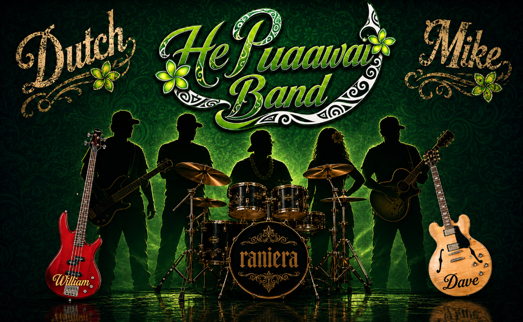 He Puaawai Band — Dutch, William, Raniera, Mike and Dave in silhouette with their instruments